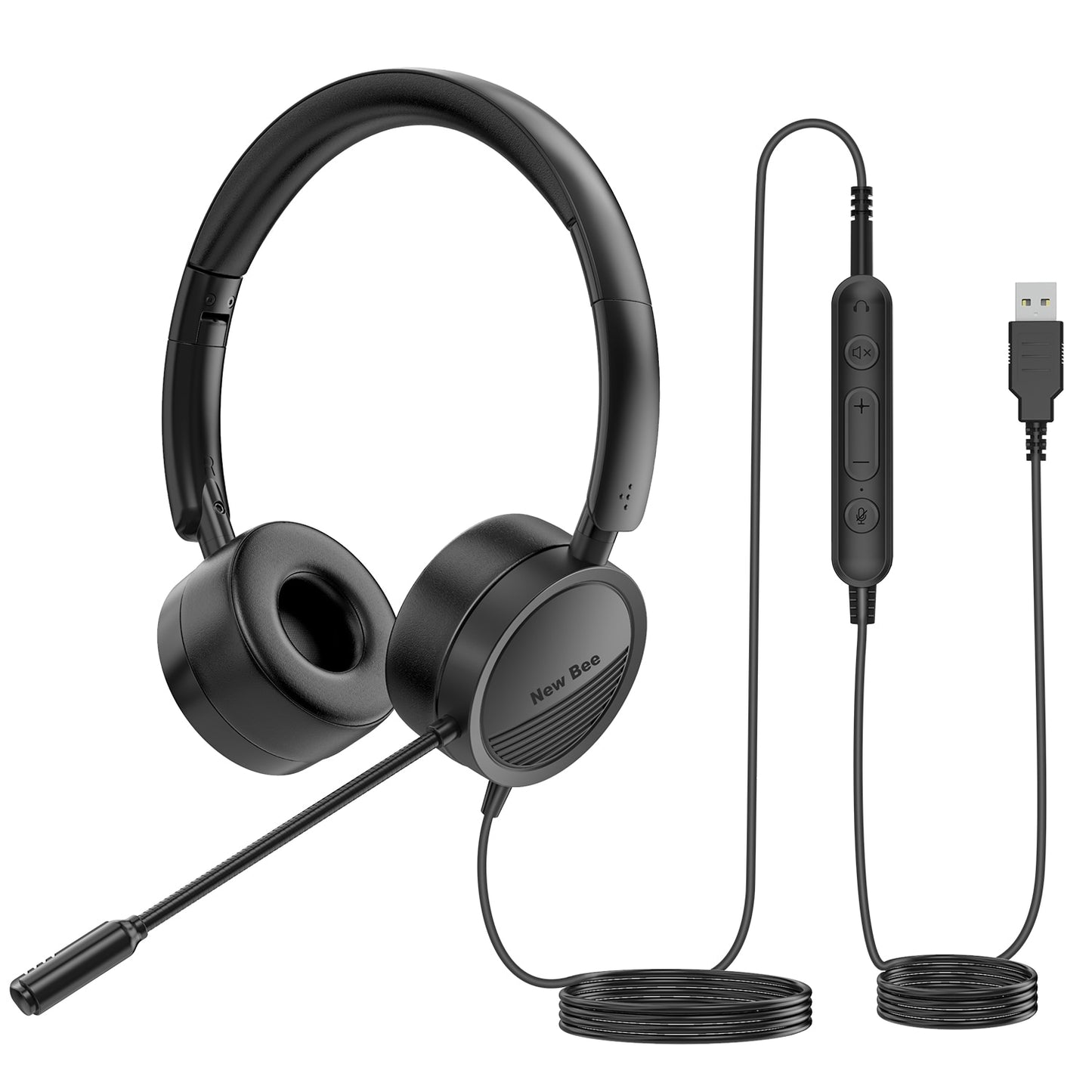 New Bee USB Headset with Microphone for PC 3.5mm Business Headsets with Mic Mute Noise Cancelling for Call Center Headphones