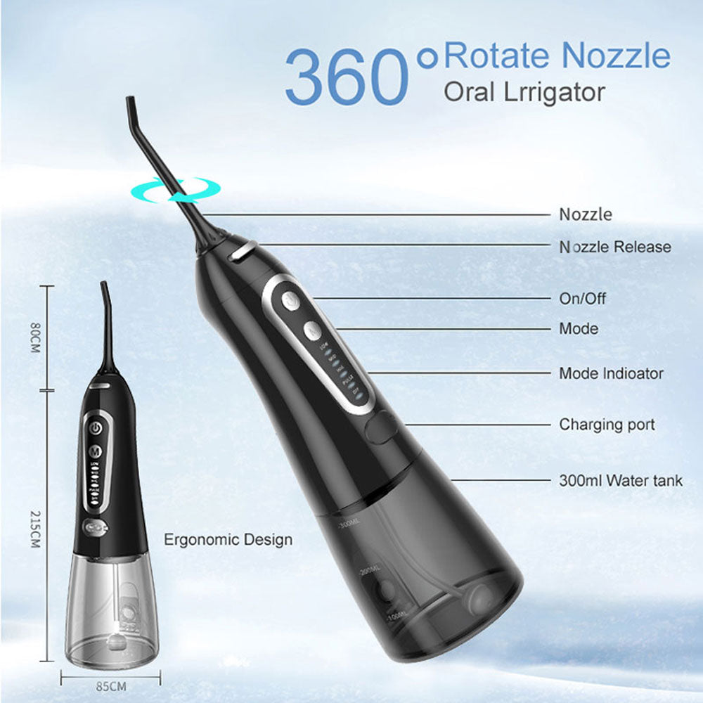 Oral Irrigator 5 Modes Portable Rechargeable Dental Water Jet 6 Nozzles Waterproof 300ML Tank Water Flosser For Teeth Whitening