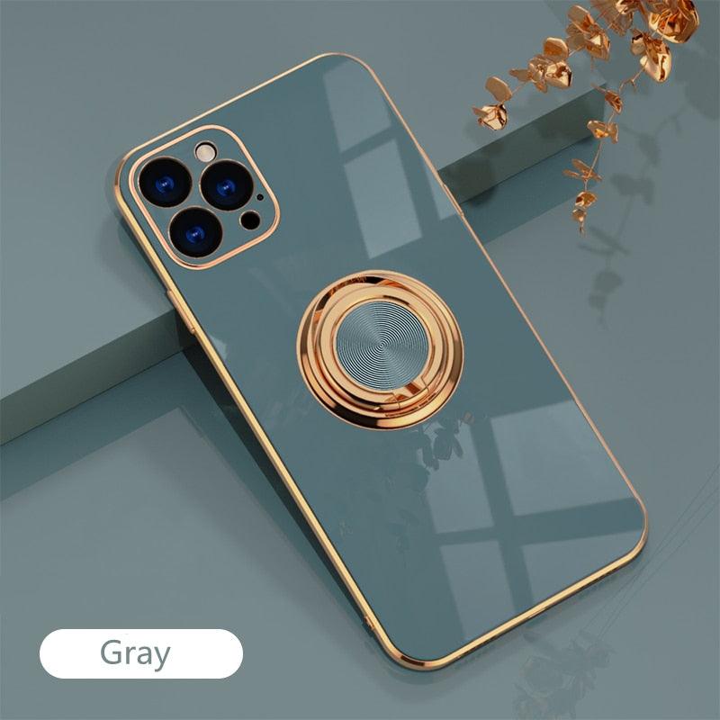 Luxury Plating Silicone Case For iPhone 14 13 12 11 Pro Xs Max Mini SE X XR 7 8 Plus Metal Ring Holder Stand Soft Phone Cover