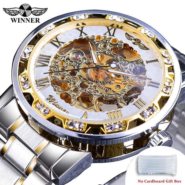 Winner Transparent Fashion Diamond Luminous Gear Movement Royal Design Men Top Brand Luxury Male Mechanical Skeleton Wrist Watch