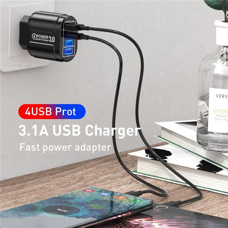 USLION 48W USB Charger Fast Charge QC 3.0 Wall Charging For iPhone 14 13 Samsung Xiaomi Mobile 4 Ports EU US Plug Adapter Travel