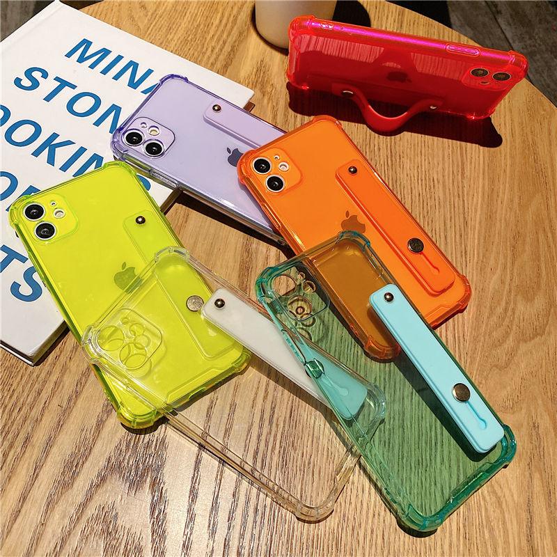 Wrist Strap Transparent Phone Case For iPhone 11 13 11Pro Max XR XS Max X 7 Plus 13 12 Pro 14 Fluorescent Color Soft Back Cover