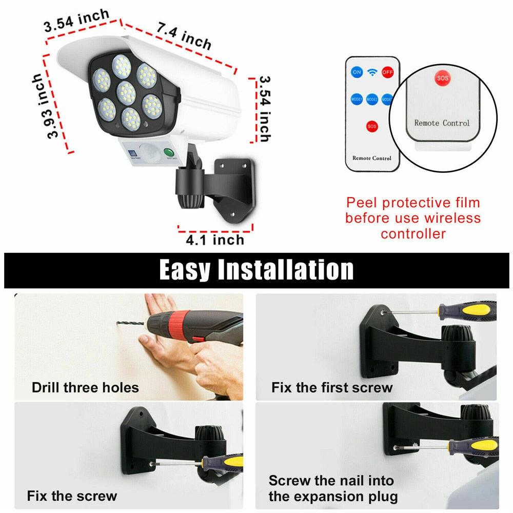 Outdoor Solar Light Motion Sensor Security Dummy Camera Wireless Flood Light IP65 Waterproof 77 LED Lamp 3 Mode For Home Garden