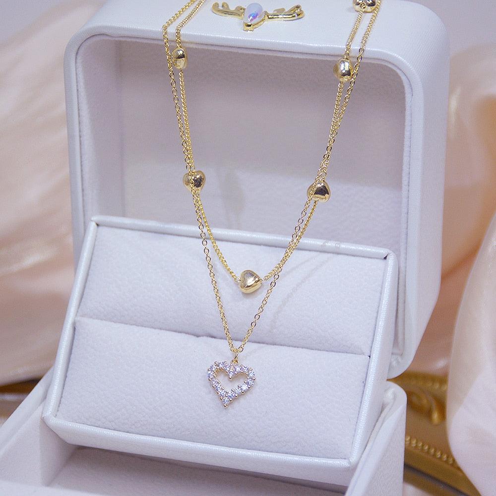 14k Plated Gold Double Layer Heart Necklace Shining Bling AAA Zircon Women Clavicle Chain Elegant Charm Wedding Pendant Jewelry