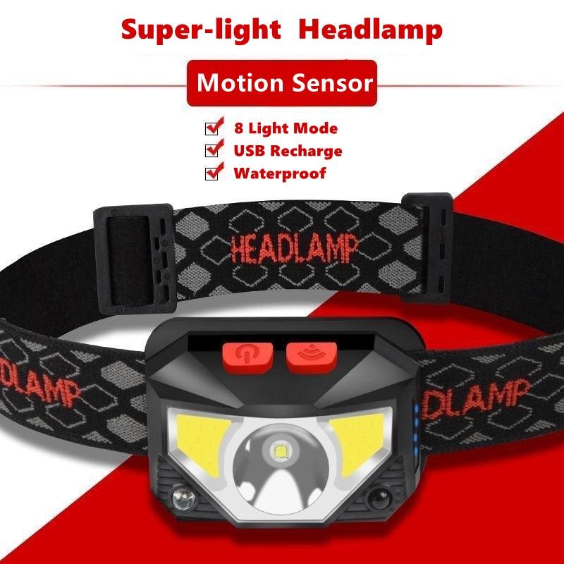 8 Modes Handfress Motion Sensor Powerful LED Headlight headlamp Head Lamp COB Flashlight Torch head light For Camping, fishing