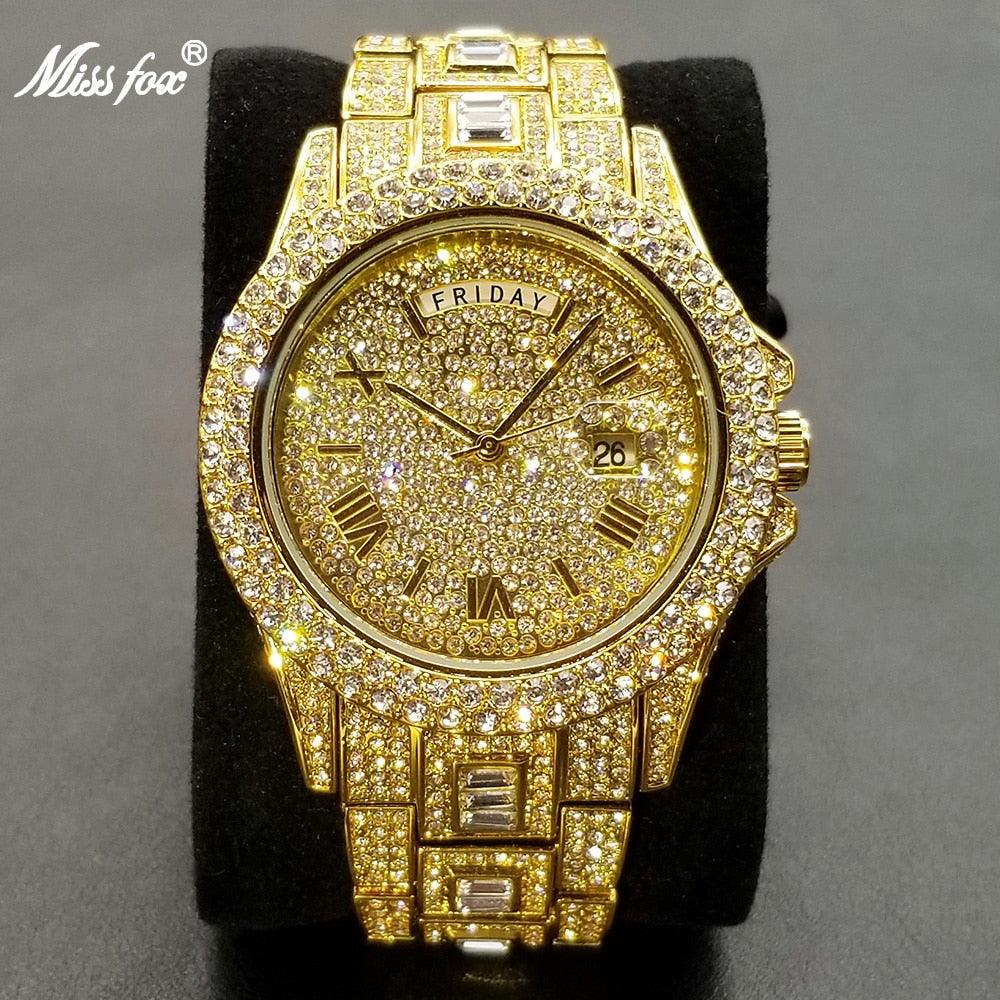 MISSFOX Iced Out Watch For Men Luxury Gold Full Diamond Mens Watches Hip Hop Waterproof Day Date Clock Best Selling Product 2022