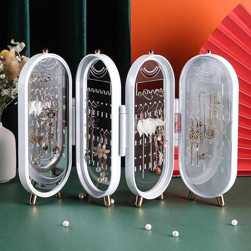 Foldable Jewelry Storage Box Household Earrings Necklace Display Stand High Capacity Luxury Retro Screen Jewelry Organizer Case