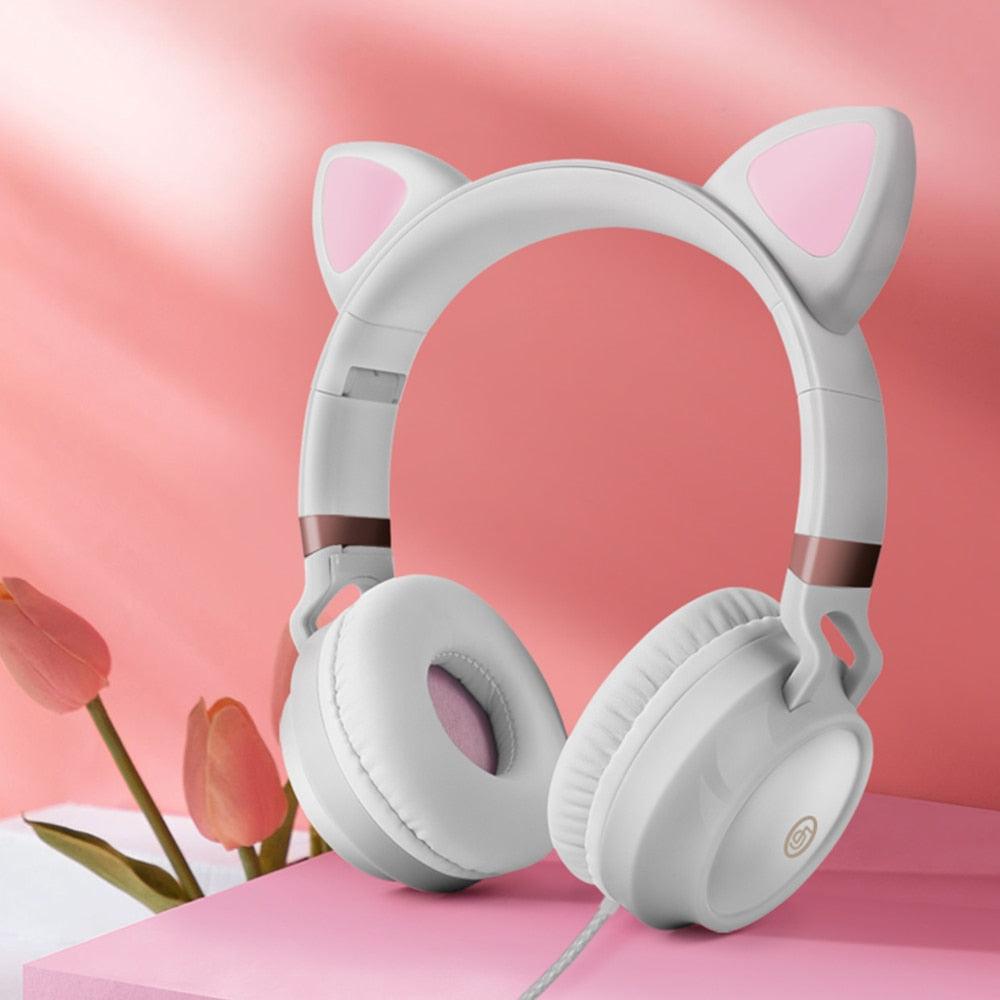 Cute Cat Ear Headphone Wired Headphones Muisc Stereo Earphones Wired Headset with Microphone Adult Girl Kid Child Headset Lovely