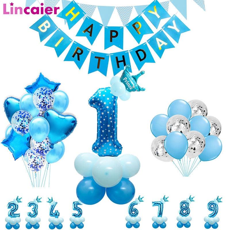 Blue Silver Latex Foil Star Heart Balloons Happy Birthday Party Decorations Kids Helium Ballon 1st Baby Boy Supplies 1 2 3 4 5 6