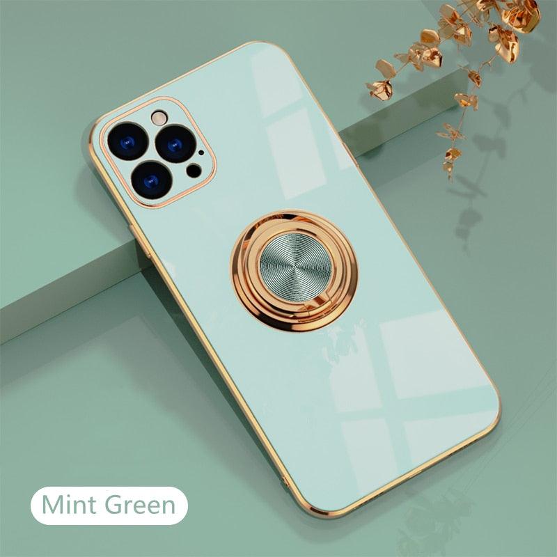 Luxury Plating Silicone Case For iPhone 14 13 12 11 Pro Xs Max Mini SE X XR 7 8 Plus Metal Ring Holder Stand Soft Phone Cover