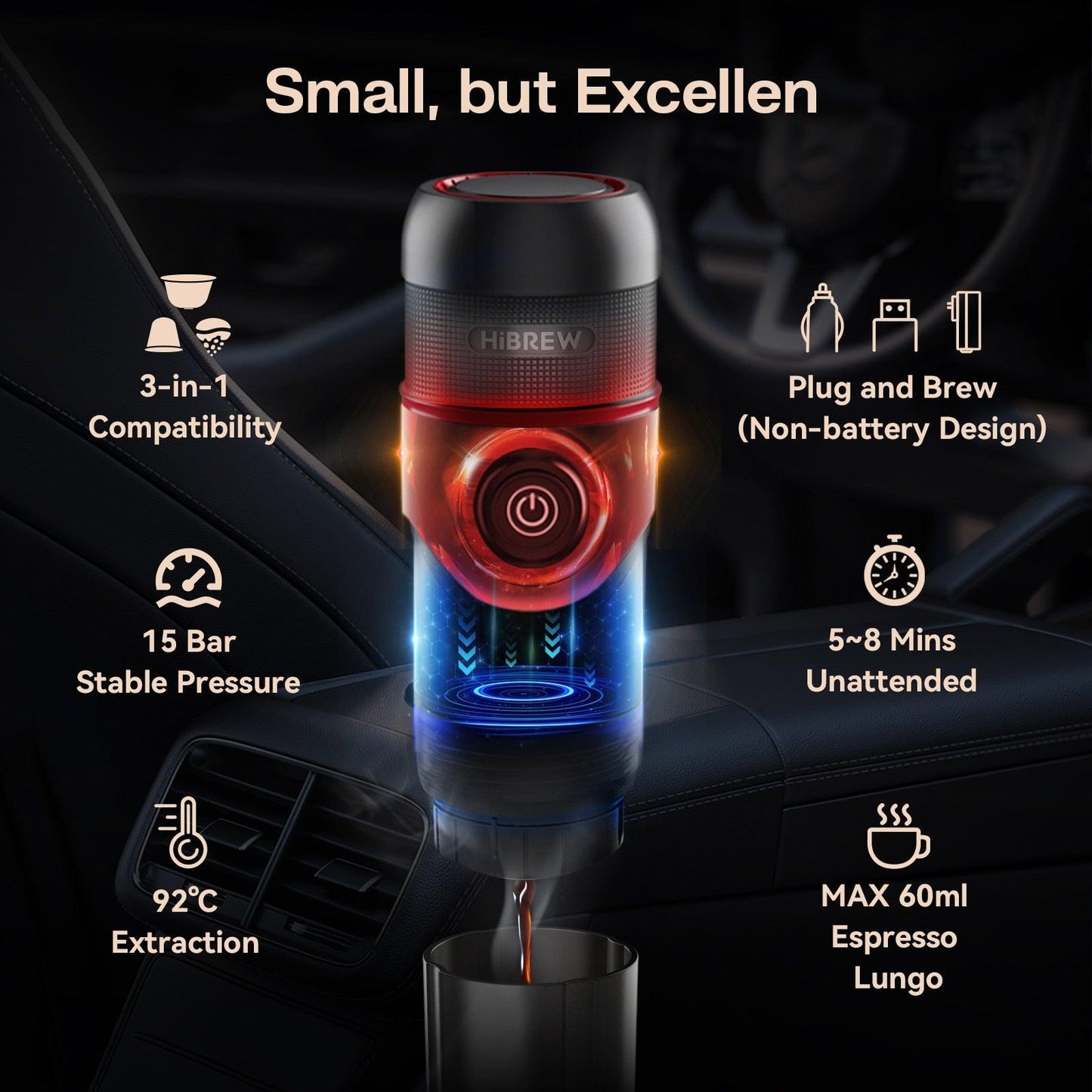 HiBREW Portable Coffee Machine for Car &amp; Home,DC12V Expresso Coffee Maker Fit Nexpresso Dolce Pod Capsule Coffee Powder H4