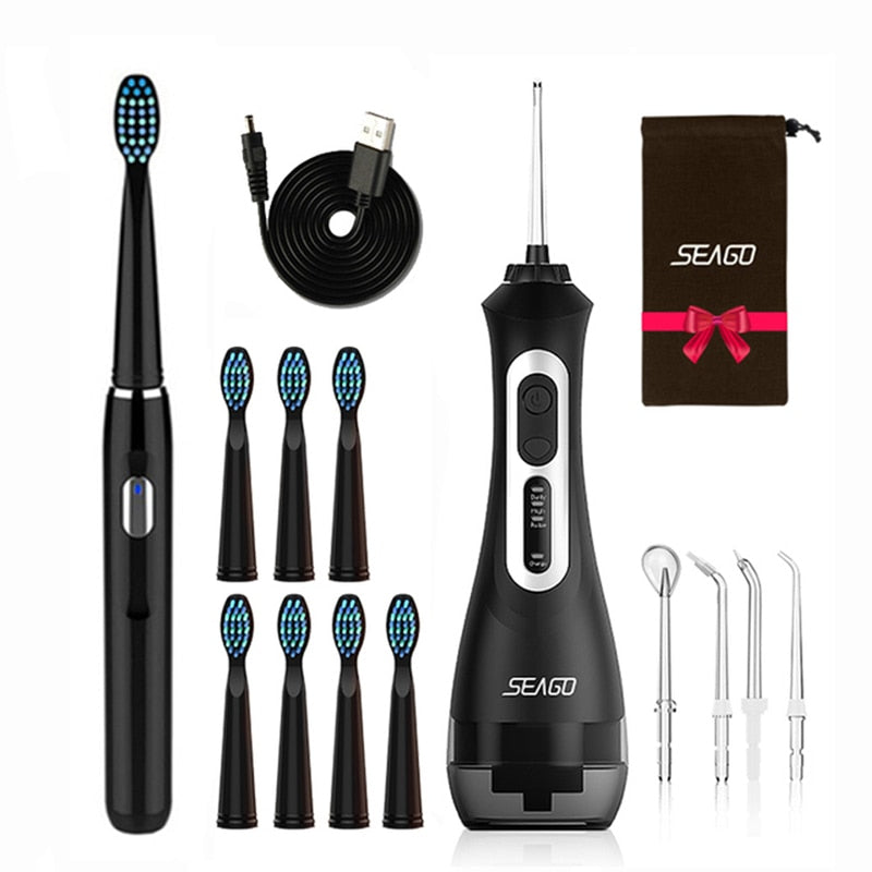 Seago Rechargeable Electric Toothbrush with Water Flosser Adults Sonic Tooth Brush Oral Dental Irrigator White Black Home Gift