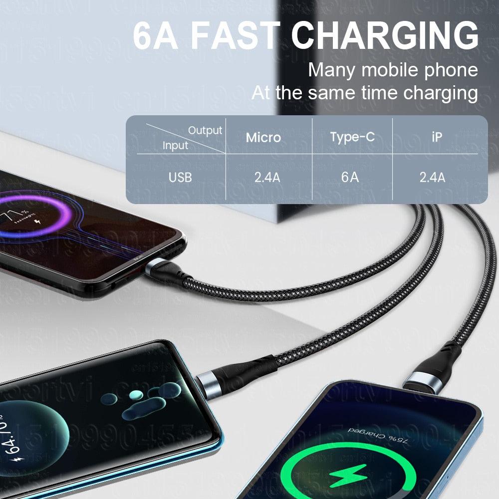 6A 3 in 1 SuperCharging Cable Micro USB Type-C Fast Charger Micro USB Type-C Data Cable For iPhone 14 13 Samsung Xiaomi Huawei