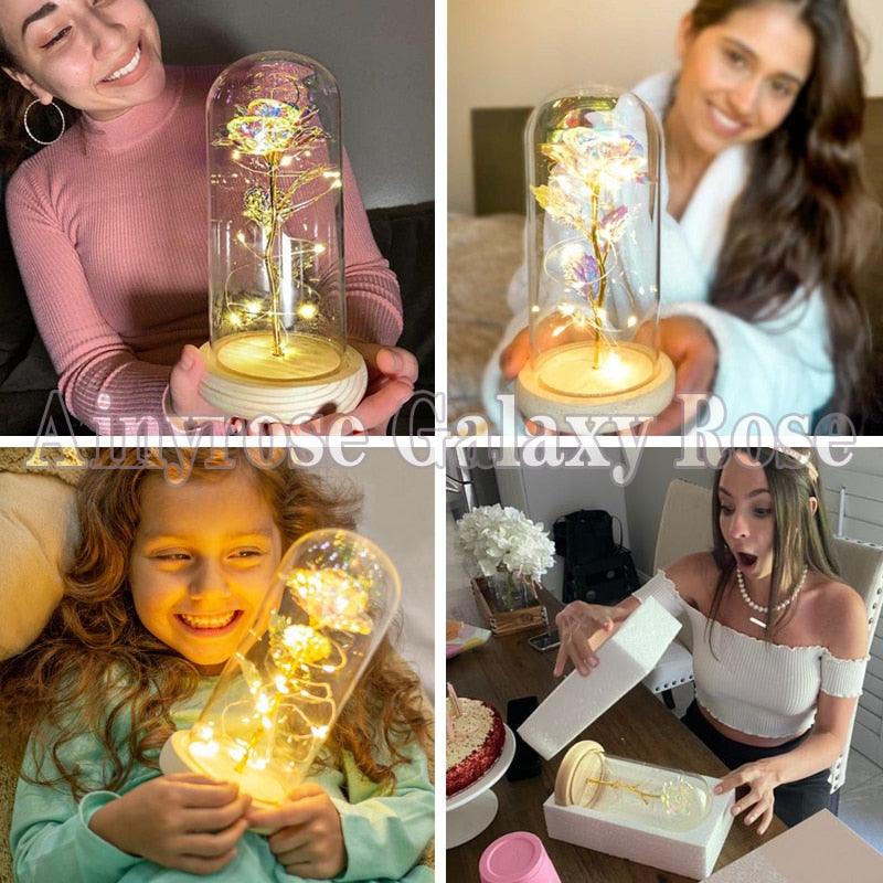 Valentine Gift Beauty and The Beast Preserved Roses In Glass Galaxy Rose Flower LED Light Artificial Flower Gift for Women Girls