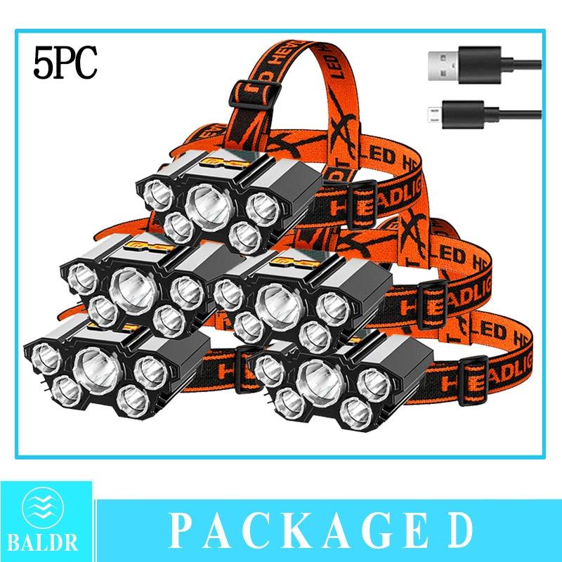 USB Rechargeable Headlamp Portable 5LED Headlight Built in Battery Torch Portable Working Light Fishing Camping Head Light