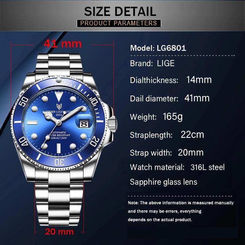 2022 LIGE Men Watch 316L Steel Automatic Mechanical Tourbillon Clock Fashion 100M Waterproof Luminous Watches Automatic Movement