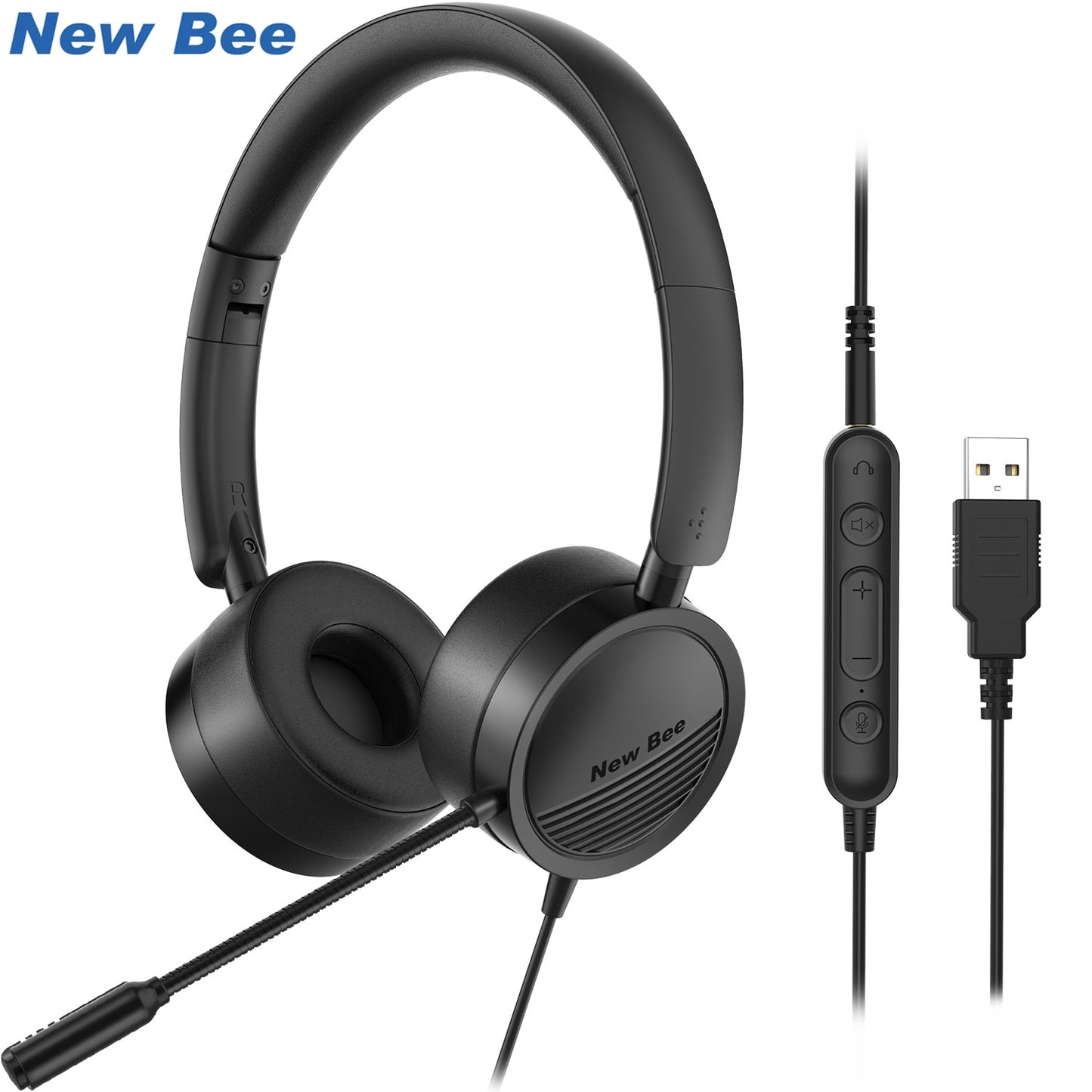 New Bee USB Headset with Microphone for PC 3.5mm Business Headsets with Mic Mute Noise Cancelling for Call Center Headphones