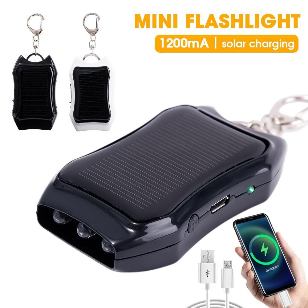 Multifunctioal Solar Powered LED Flashlight 1200mAh Power Bank Portable Outdoor Lamp Keychain Solar Charger For Mobile Phones