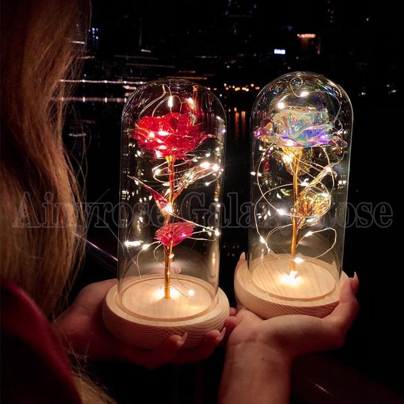 Valentine Gift Beauty and The Beast Preserved Roses In Glass Galaxy Rose Flower LED Light Artificial Flower Gift for Women Girls